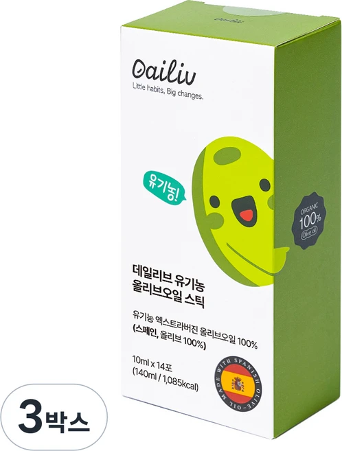 데일리브 유기농 올리브오일 100% 스틱 냉압착 엑스트라버진 올리브유 14p, 3박스, 140ml - 쿠팡
