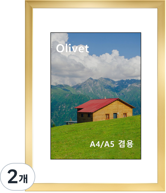 olivet 내추럴 우드 인테리어 액자 벽걸이 탁상용 겸용 무타공 사진틀 A4, 2개, 금색