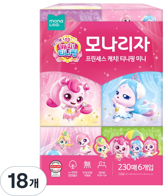 모나리자 알쏭달쏭 캐치 티니핑 천연펄프 미용티슈, 230개입, 18개