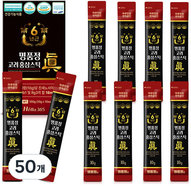 명품정 6년근 고려 홍삼 스틱 진 실속형 1포당 진세노사이드 18mg, 10g, 50개