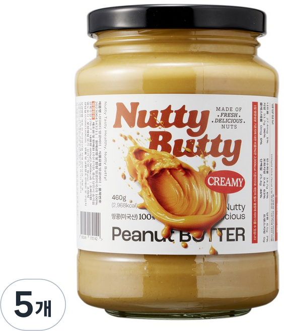 너티버티 땅콩 % 땅콩버터 피넛버터 무첨가 무가당 땅콩잼, 5개, 460g