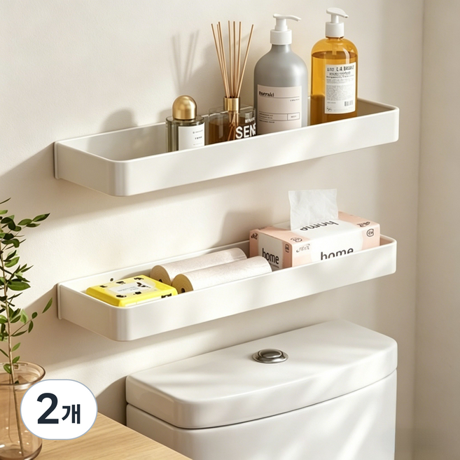 무타공 욕실 선반 화장실 정리대 접착식 벽선반 주방 수납 거치대, 화이트, 2개