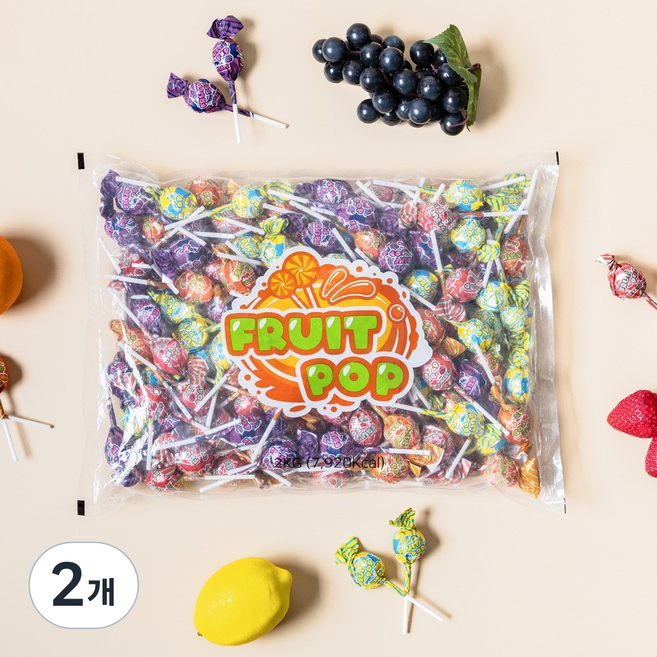 푸루트팝 롤리팝 막대 사탕 과일맛 대용량 캔디, 2kg, 2개