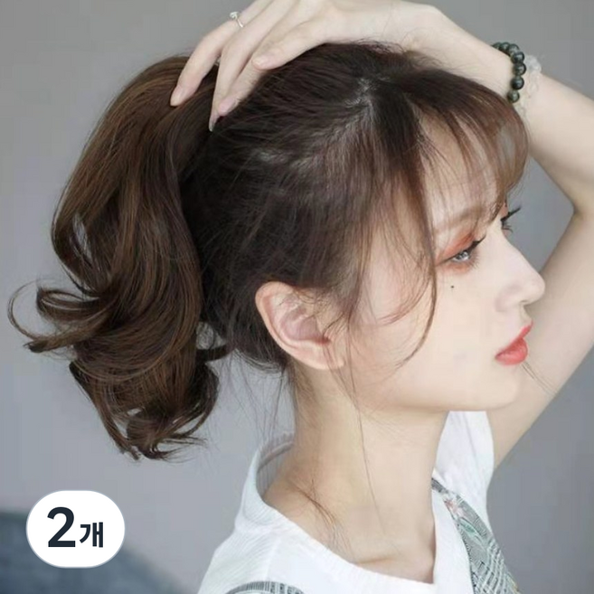 여자 숏레이어드 세팅펌 묶음머리 포니테일 부분가발 집게핀, 내츄럴블랙, 2개
