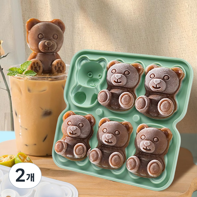 릴스베이 6구 곰돌이 얼음틀 대형 실리콘 트레이 얼음볼, 6구 (프레쉬그린), 2개