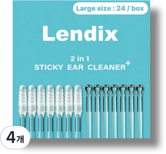 Lendix 친환경 점착식 끈끈이 귀이개 플러스 면봉 투인원, 4개, 24개입, Large - 쿠팡