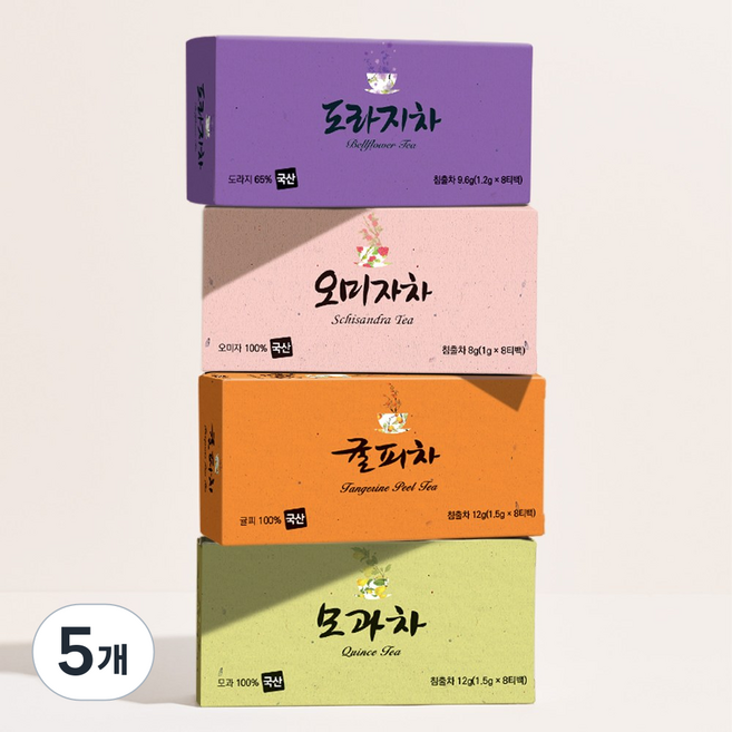 [본사직영] 다예 100% 국산 건강한 계절차 티타임 4종(도라지차8T+오미자차8T+귤피차8T+모과차8T), 5개, 32개입, 41.6g