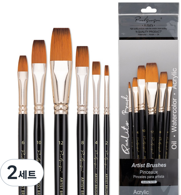 BVIEW STUDIO 아티스트 유화 아크릴 수채화 붓 미술 브러쉬 평붓 6종 세트, 2세트, 6P