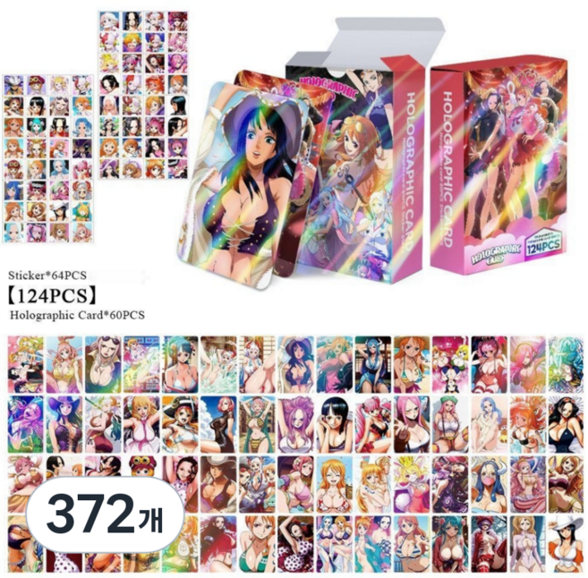 2026최신 ONEPIECE 원피스 홀로그램 포토카드 124장 풀세트 홀로그램 포카 60장 스티커 64장 도무송 다꾸 선물용, 372개, 비치웨어