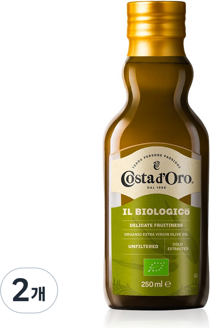 코스타도로 유기농 최상급 엑스트라버진 100% 올리브오일 냉압착 올리브유 이탈리아 직수입, 2개, 250ml