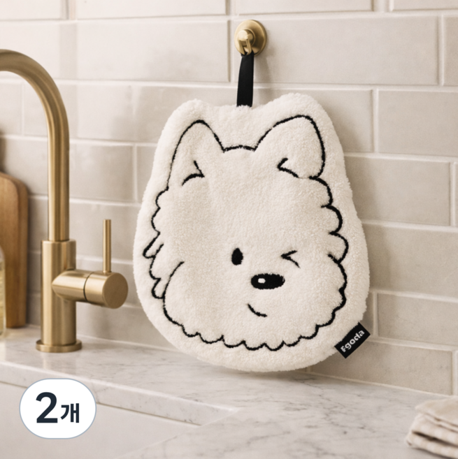 이지몰 윙크 강아지 핸드타올 자수 욕실 주방 걸이 손타월, 화이트, 2개