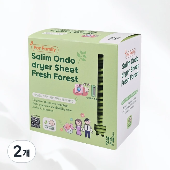 살림온도 건조기시트 프레쉬 포레스트향 (Fresh Forest) 알러지26종 검사완료, 2개, 80매입 - 쿠팡