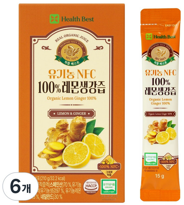 헬스베스트 착즙베스트 유기농 NFC100% 레몬생강즙, 6개, 210g