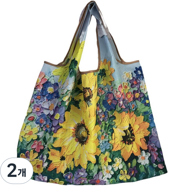 올기버 플라워아트 대용량 접이식 장바구니, 2개, 유화해바라기