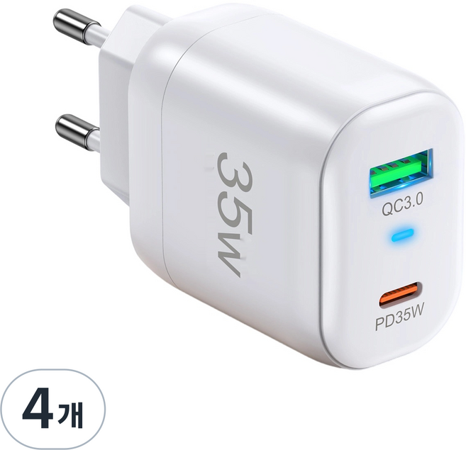 35W 사각접지 초고속 충전기 포트 USB+PD 애플 아이폰 아이패드 삼성 갤럭시 픽셀 고속전원 어댑터, 4개, 흰색