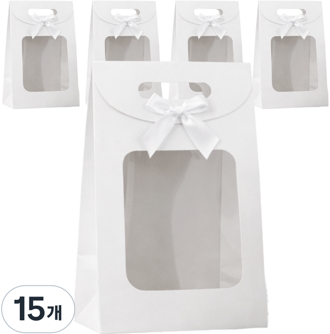 데일리오 리본 투명창 손잡이 선물 포장 쇼핑백, 15개, 화이트