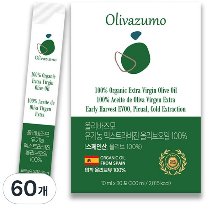 올리바즈모 유기농 엑스트라버진 올리브오일 100 % 스틱, 60개, 10ml