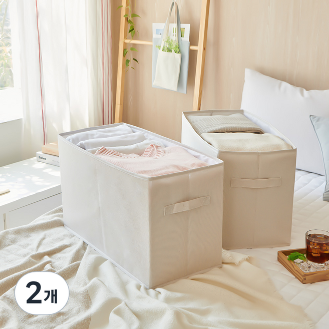 살르임 접이식 수납정리함 패브릭 리빙박스, 2개, 크림화이트