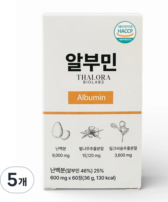[탈로라 바이오랩스] 액티브 알부민 정 프리미엄 배합 식약청 인증 HACCP 600 mg, 5개, 60정 - 쿠팡