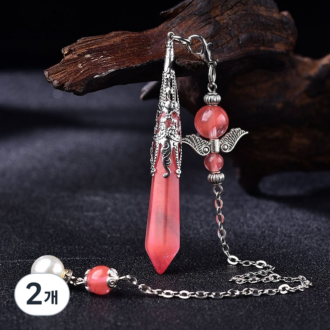 펜듈럼 팬듈럼 진자 추 봉 수맥 탐지 탐지기 수정 원석 스톤 비즈 플루라이트 천연석 목걸이 팔찌 남자 여자, 붉은 용암석 은색, 2개