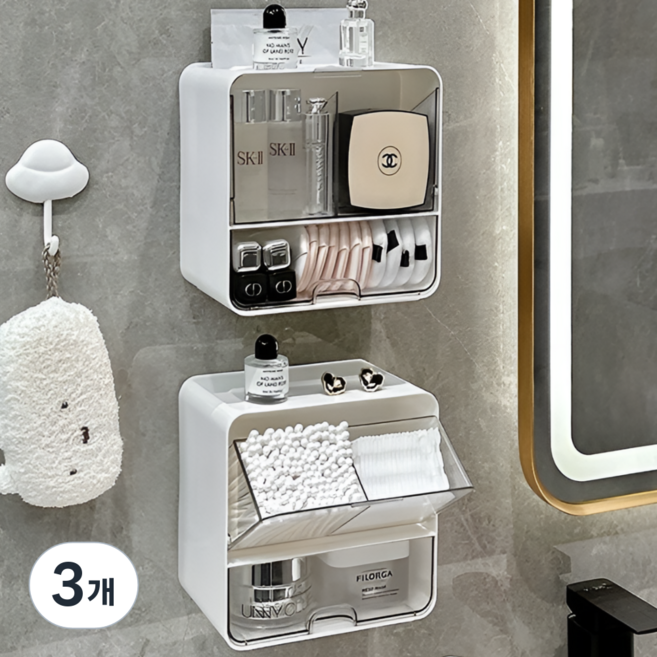 한평다락 무타공 욕실 수납 정리함 면봉 화장솜 다용도 소품 정리, 3개, 투명