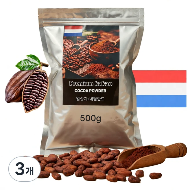 프리미엄 유럽1등급 네덜란드 무가당 코코아 파우더100% 카카오 파우더 프리미엄 Cocoa Powder, 3개, 500g - 쿠팡