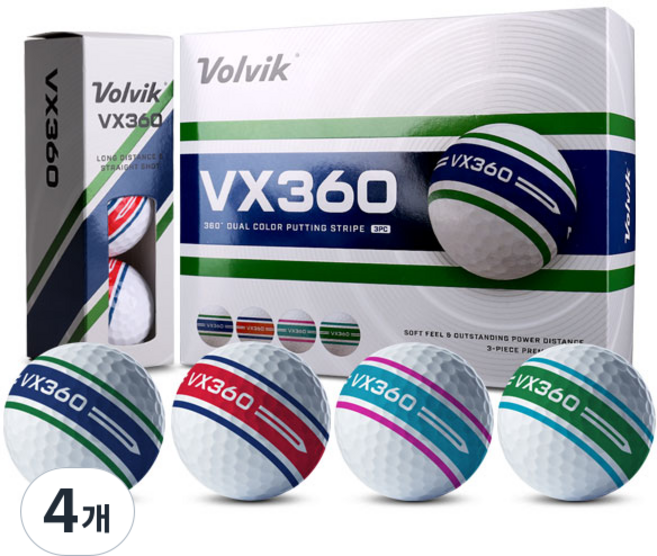 [볼빅] VX360 듀얼컬러 3피스 360도 퍼팅라인 골프공 4더즌 (48구), 화이트, 12개입, 4개