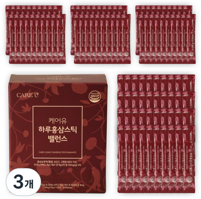 케어유 홍삼스틱 고려 홍삼정 진액 국내산 6년근 진세노사이드 하루 밸런스, 100회분, 3개