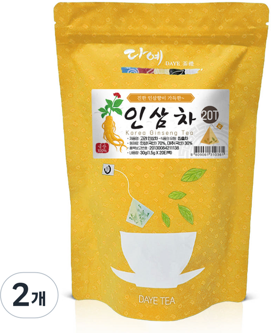 [본사직영] 다예 100% 국산 우려먹는 인삼차 삼각티백, 1.5g, 2개, 20개입