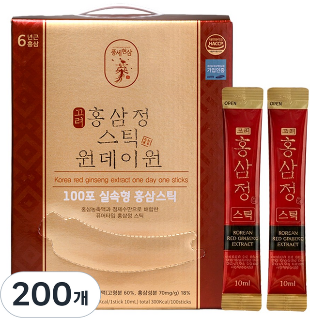 6년근 홍삼스틱 진세노사이드 1포당 11.8mg 원데이원타임 100포 [국내산], 200개, 10ml
