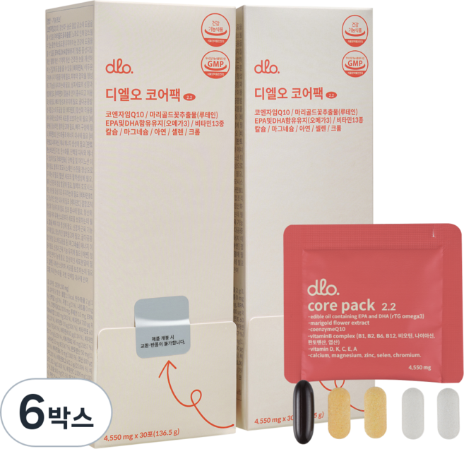 디엘오 코어팩 21종 한포 올인원 종합 비타민 영양제 오메가3 루테인 코큐텐 칼슘 마그네슘 비타민B K A D E C 엽산 비오틴 아연 셀렌 크롬 등, 30회분, 6박스