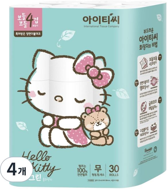 헬로키티 휴그린 보들보들 4겹 롤화장지 22m, 4개, 30롤