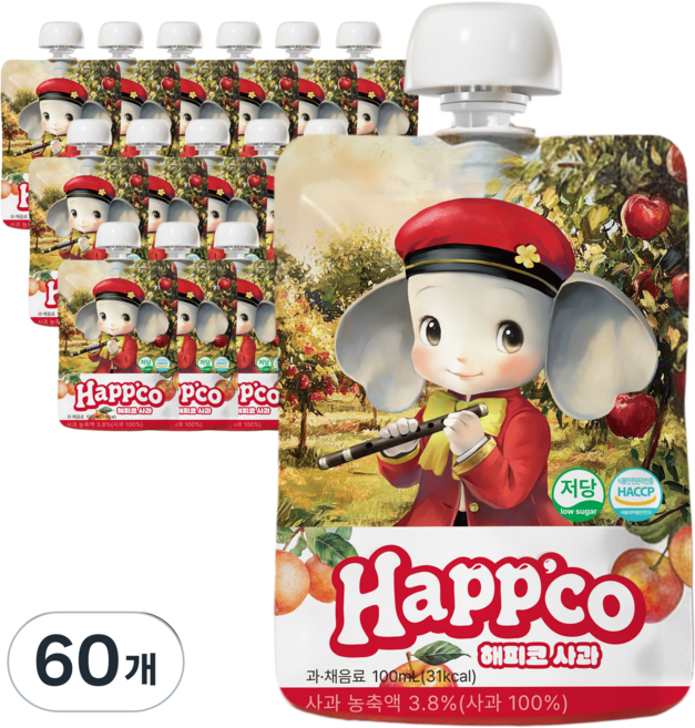 해피코 저당 어린이 키즈 아이 사과주스, 60개, 100ml