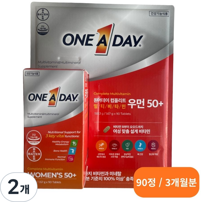 원어데이 바이엘 우먼 50+ 여성용 종합 멀티비타민 미네랄 3개월분, 90정, 2개
