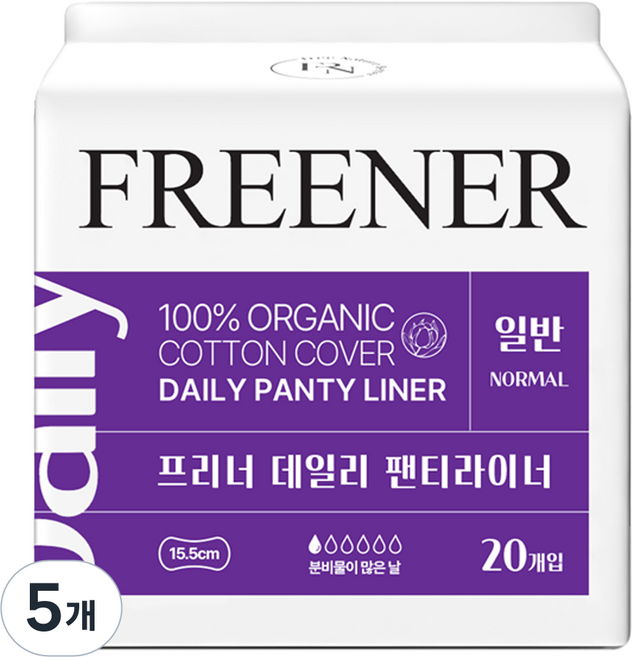 프리너 데일리 팬티라이너 유기농 생리대, 일반, 20개입, 5개