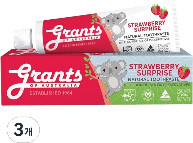 그란츠 아동용 스트로베리 서프라이즈 치약 불소Free, 75g, 3개 - 쿠팡