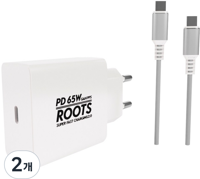 루츠 65W Gan PD PPS C타입 국내생산 초고속 충전기 + C to C 100W 5A E Marker 1.5M 케이블포함, 화이트, 2개