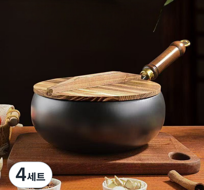 라이프헬퍼 24cm 논스틱 넓은 궁중팬 프라이팬 인덕션 순철 무쇠 후라이팬 가정용 무코팅 철 후라이팬 주물, 4세트, 냄비 24cm+나무 뚜껑, 블랙