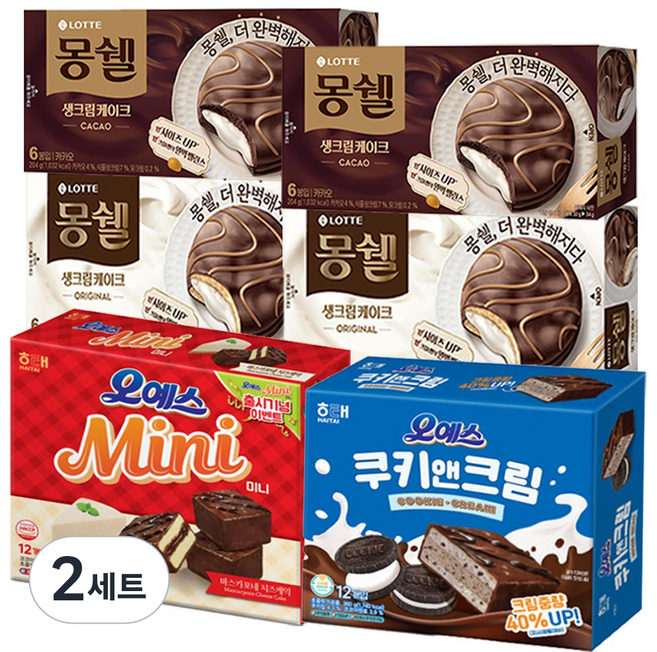 [과자몬스터]사무실 과자 세트 6종 몽쉘 통통 크림 +카카오 +오예스미니 +오예스 쿠키앤크림, 2세트