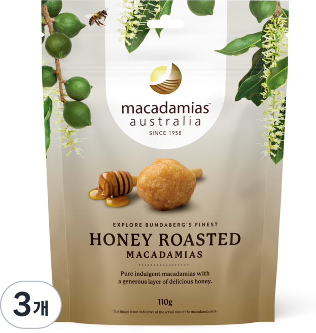 [공식 마카다미아스 오스트레일리아] 허니 로스티드 마카다미아 꿀시즈닝 견과류, 3개, 110g