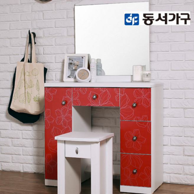동서가구 KH 플라워 다용도 수납 800 화장대 거울 의자 세트 DF630516, 레드화이트