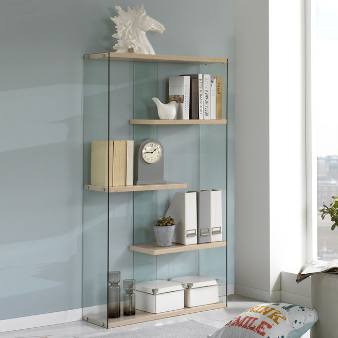 윤성스토어 강화유리 장식장 수납 진열장, 오크