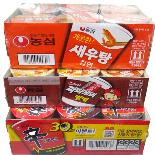 농심 신라면컵 6개 + 짜파게티범벅 6개 + 새우탕컵면 6개 세트, 18개