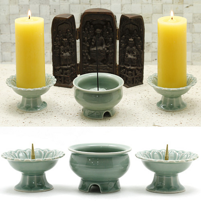 운주사(붓다북) 촛대 향로 세트 (청자) - 향꽂이증정 도자기촛대 도자기향로 제사용품, 1개, 상세정보