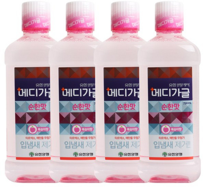 유한덴탈케어 메디가글 순한맛 구강청결제 복숭아향, 750ml, 4개