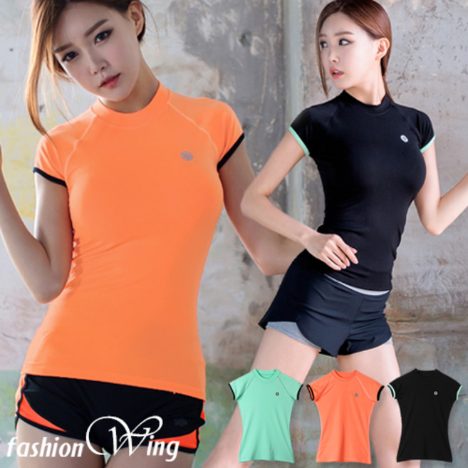 패션윙 슬림한 클래시 컬러 여성 반팔티 요가복 상의