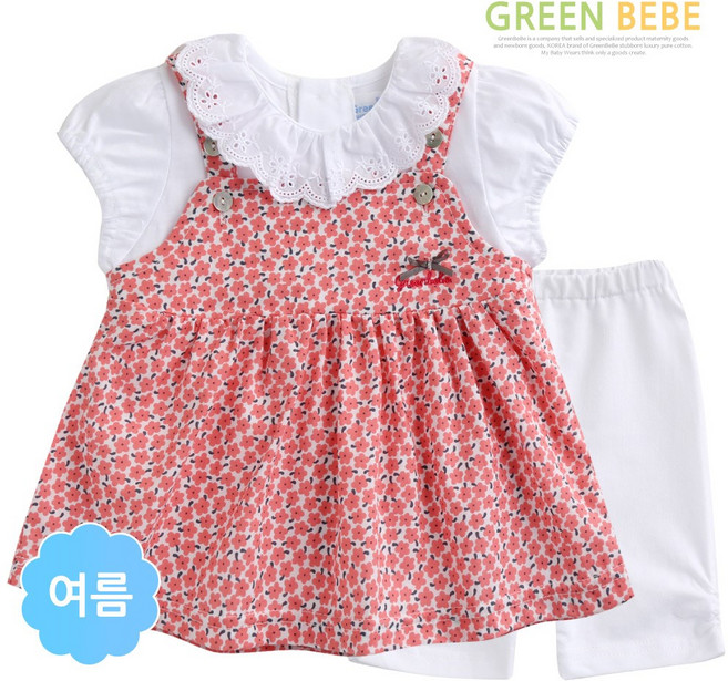 한국생산 여름 영유아용 꽃님멜빵 원피스 3종셋트