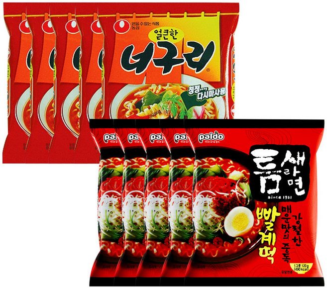 팔도 틈새라면빨계떡 5개 + 농심 너구리 얼큰한맛 5개, 1개