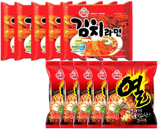 오뚜기 김치라면 5개 + 오뚜기 열라면 5개, 10개