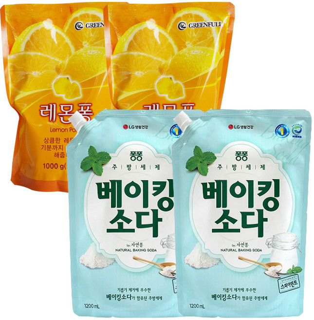 LG주방세제퐁퐁베이킹소다1200ml 2개 + 레몬퐁주방세제1000ml 2개, 1개